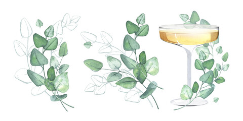 Set of champagne glasses with eucalyptus branches. A sparkling wine. Glamorous drink. Watercolor illustrations on isolated white background. For the design of cards, invitations, posters.