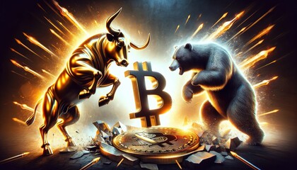 Bull and Bear Battling Over Bitcoin Symbol. - obrazy, fototapety, plakaty