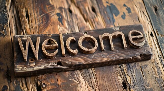 Wooden Oak Welcome concept creative horizontal art poster. Photorealistic textured word Welcome on artistic background. Ai Generated Hospitality and Greetings Horizontal Illustration.