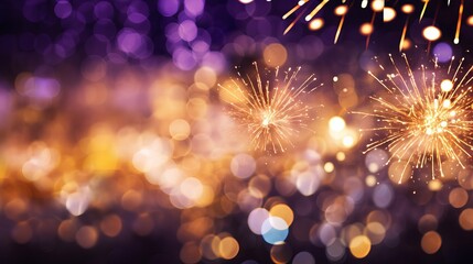New year celebration with gold and violet fireworks and bokeh effect. Abstract holiday background with copy space.