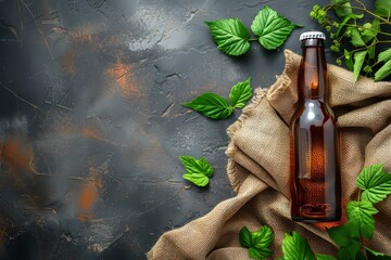 Top view of beer bottle, copy space, banner - obrazy, fototapety, plakaty