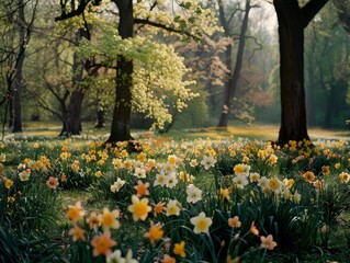 A serene field of blooming daffodils in a forest, bathed in the soft light of spring, conveying a sense of tranquility and rebirth