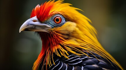 Close-up of a colorful golden pheasant with a golden crest and a red body in a natural setting