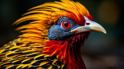 Fototapeta premium Close-up of a colorful golden pheasant with a golden crest and a red body in a natural setting