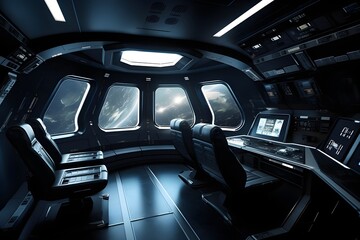 cabin of a spaceship with a view of the universe and distant planets