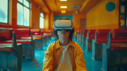 Cute little school boy with school backpack sitting in the classroom and wearing VR headset on sunny day. Modern education concept.