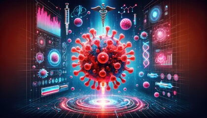 Virus Cell and Syringe in Futuristic Medical Concept.