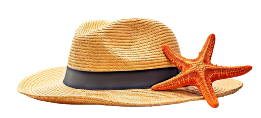 Straw hat and starfish resting on sandy beach, cut out