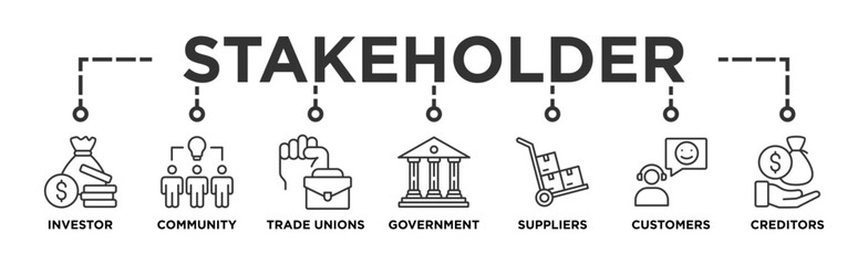 Stakeholder relationship banner web icon vector illustration concept for stakeholder, investor, government, and creditors with icon of community, trade unions, suppliers, and customers