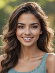 Outdoor natural portrait of a great looking hispanic young female model smiling looking at camera from Generative AI