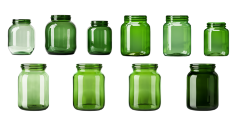 Collection of empty green glass jar isolated on a white background as transparent PNG
