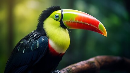 Fototapeta premium Close-up of a colorful keel-billed toucan, a tropical bird with a rainbow bill, perched on a branch in the rainforest