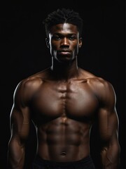 Fototapeta na wymiar Portrait of a shirtless muscular upper body of black african male model in plain black background from Generative AI