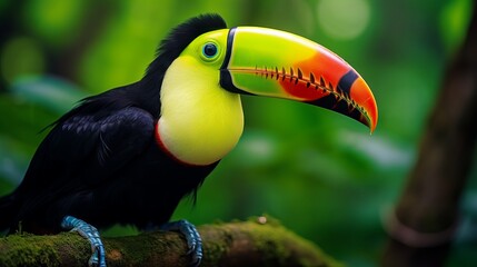 Close-up of a colorful keel-billed toucan, a tropical bird with a rainbow bill, perched on a branch in the rainforest