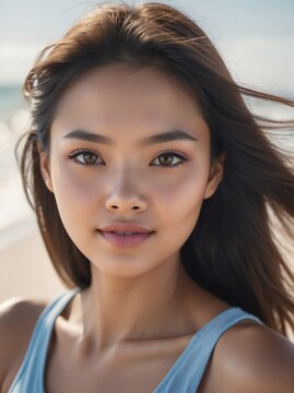 Portrait of filipina young female model on the beach summer love, romance and a happy ad lifestyle concept from Generative AI