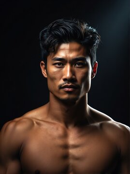 Portrait of a shirtless muscular upper body of asian male model in plain black background from Generative AI