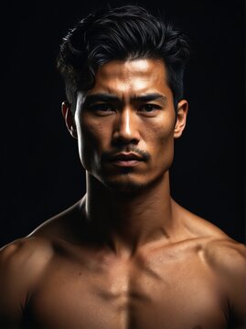 Portrait of a shirtless muscular upper body of asian male model in plain black background from Generative AI