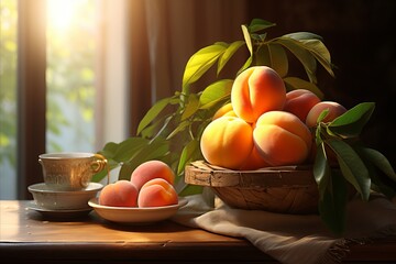 Close-up of juicy ripe apricots drenched in soft sunlight with blurred background