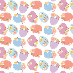 Seamless pattern with delicate Easter eggs and flowers Festive Easter design in pastel colors.