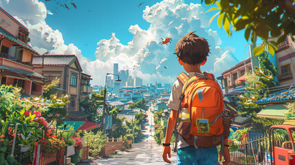 A boy wearing an orange backpack, and blue pants standing in a street, looking at a city in the distance