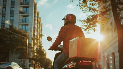A delivery person rides a motorbike on a city street at sunset, carrying a red insulated box, embodying efficient urban delivery - obrazy, fototapety, plakaty