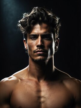 Portrait of a shirtless muscular upper body of male model in plain black background from Generative AI