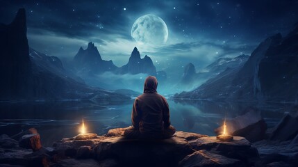 Back view of person meditating or praying on a rock under the moonlit Milky Way sky - obrazy, fototapety, plakaty