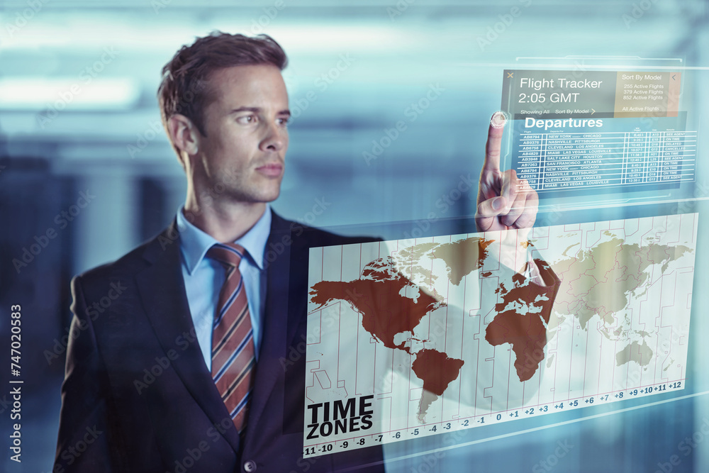 Poster businessman, flight and hologram with global display of digital interface or travel and future. male