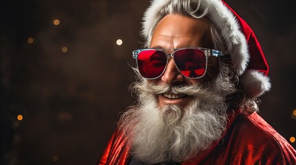 Cool and happy Santa Claus in disco style with red eyeglasses and beard