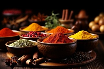 Close up shot of a variety of dry spices arranged on a kitchen table. - obrazy, fototapety, plakaty