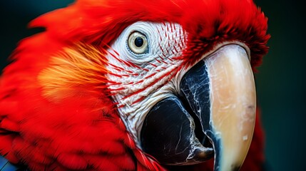 Close-up of a colorful scarlet macaw parrot with blue and yellow feathers and a red beak