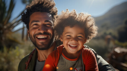 Happy laughing dad with his son in his arms on a camping trip in the mountains, bright sunny weekend day, father's day poster