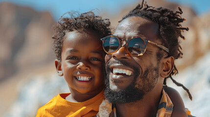 Portrait of a father with his son on a walk in the park, happy laughing people on a bright sunny day, father's day poster