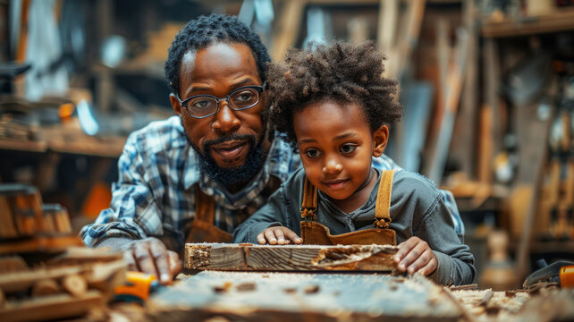 Portrait of a dad and little son in his father's steel workshop, the son looks at the workshop with curiosity, father's day banner concept