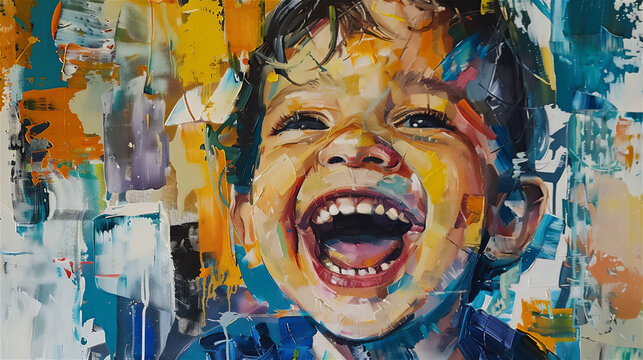 abstract painting with oil paint, a 3 year old child is smiling