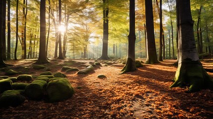 Sunny morning in the autumn forest with colorful foliage and sun rays