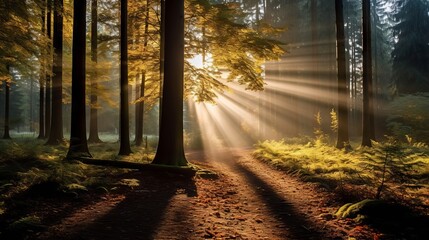 Sunny morning in the autumn forest with colorful foliage and sun rays