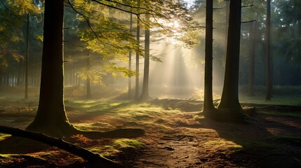 Sunny morning in the autumn forest with colorful foliage and sun rays - obrazy, fototapety, plakaty