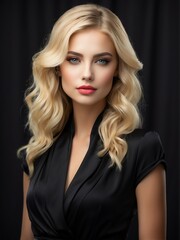 Fashion beautiful young blonde female model dressed elegant formal posing on plain black background from Generative AI