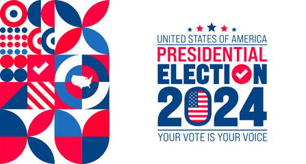 USA Election 2024 geometric shape pattern background design template. USA flag 2024 presidential election banner design. US presidential election voting poster. November 5 Vote day banner. vector