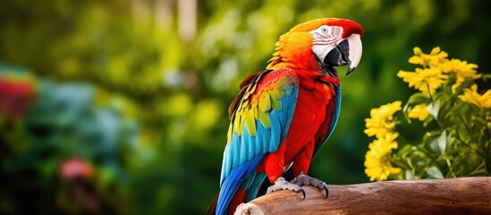A vibrant ara macaw parrot with multi-colored feathers is seen perched on a tree branch surrounded by colorful flowers in a zoo setting. The parrots bright plumage stands out against the green leaves