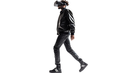 man walking with virtual reality glasses, isolated on white