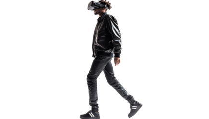 man walking with virtual reality glasses, isolated on white
