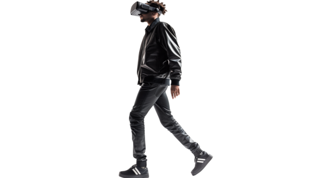 man walking with virtual reality glasses, isolated on white