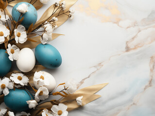 Blue Easter eggs banner background. Flat lay, top view. religious holiday. Banner, card with place for text. Free copy space