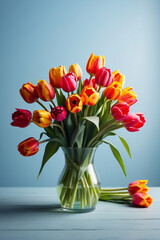 Bouquet of beautiful variegated tulips in a transparent vase on a table on a light blue background. Congratulations to a woman on International Women's Day, Valentine's Day and Birthday