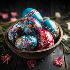 Fototapeta premium Blue Easter eggs with ornaments banner background. Religious holiday banner
