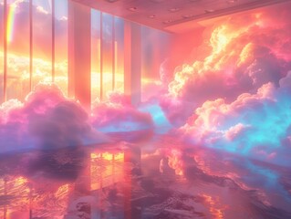 An ethereal scene of sunset clouds reflecting on the glossy floor of a modern, minimalist interior with long windows