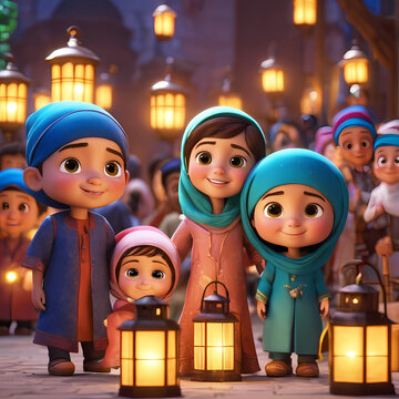 3d rendering cartoon family  standing together and smiling with lanterns for ramadan celebration