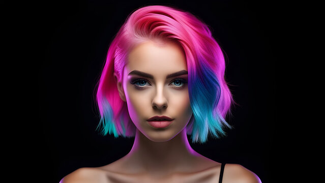 Blue hair and neon makeup of a girl on a black background.